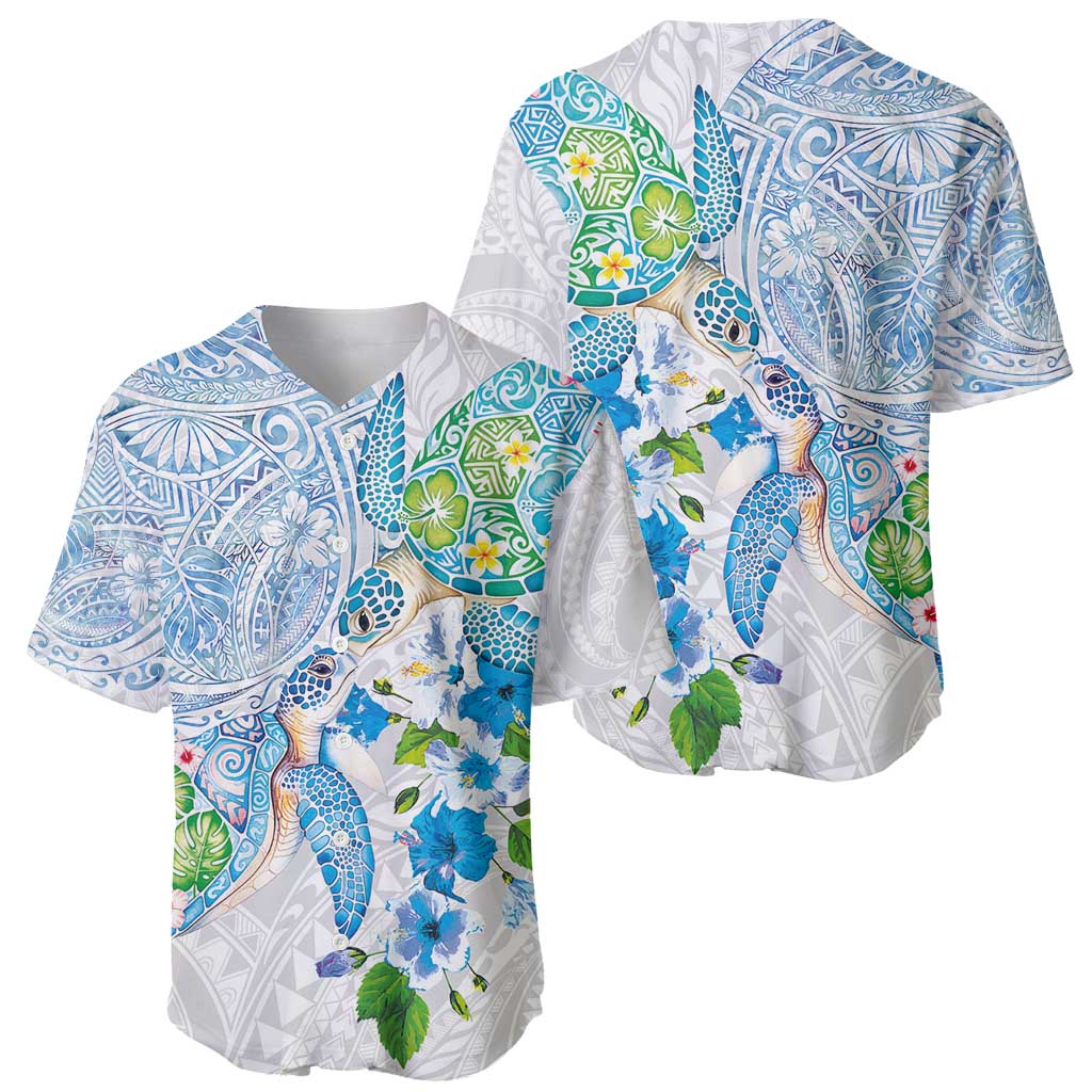 Hawaiian Couple Turtles Honi Baseball Jersey Polynesian Art Motifs and Hibiscus White Blue Color - Polynesian Pride