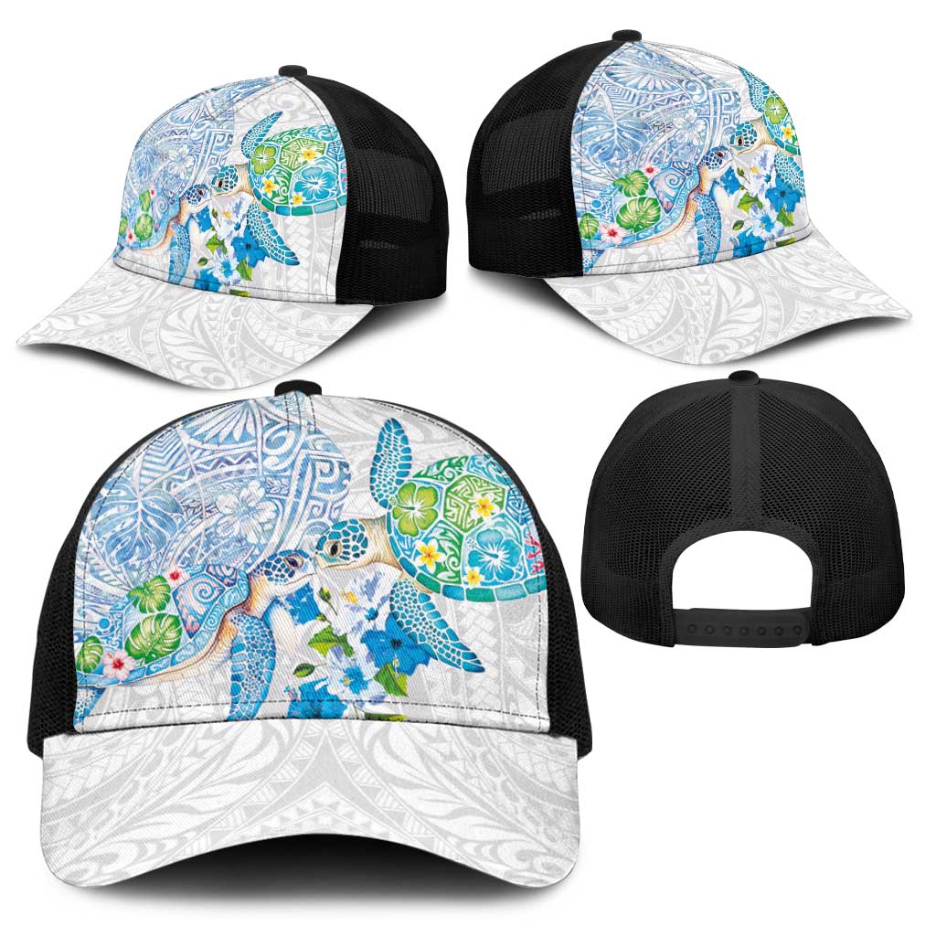 Hawaiian Couple Turtles Honi Baseball Net Cap Polynesian Art Motifs and Hibiscus White Blue Color - Polynesian Pride