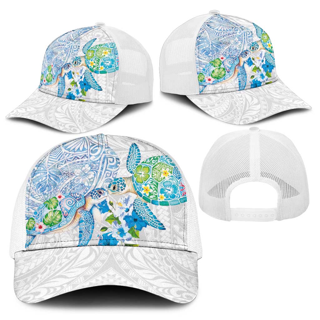 Hawaiian Couple Turtles Honi Baseball Net Cap Polynesian Art Motifs and Hibiscus White Blue Color - Polynesian Pride