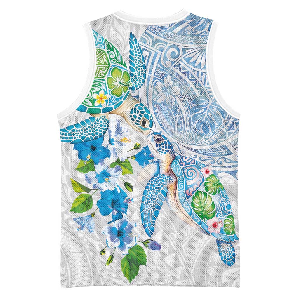 Hawaiian Couple Turtles Honi Basketball Jersey Polynesian Art Motifs and Hibiscus White Blue Color - Polynesian Pride