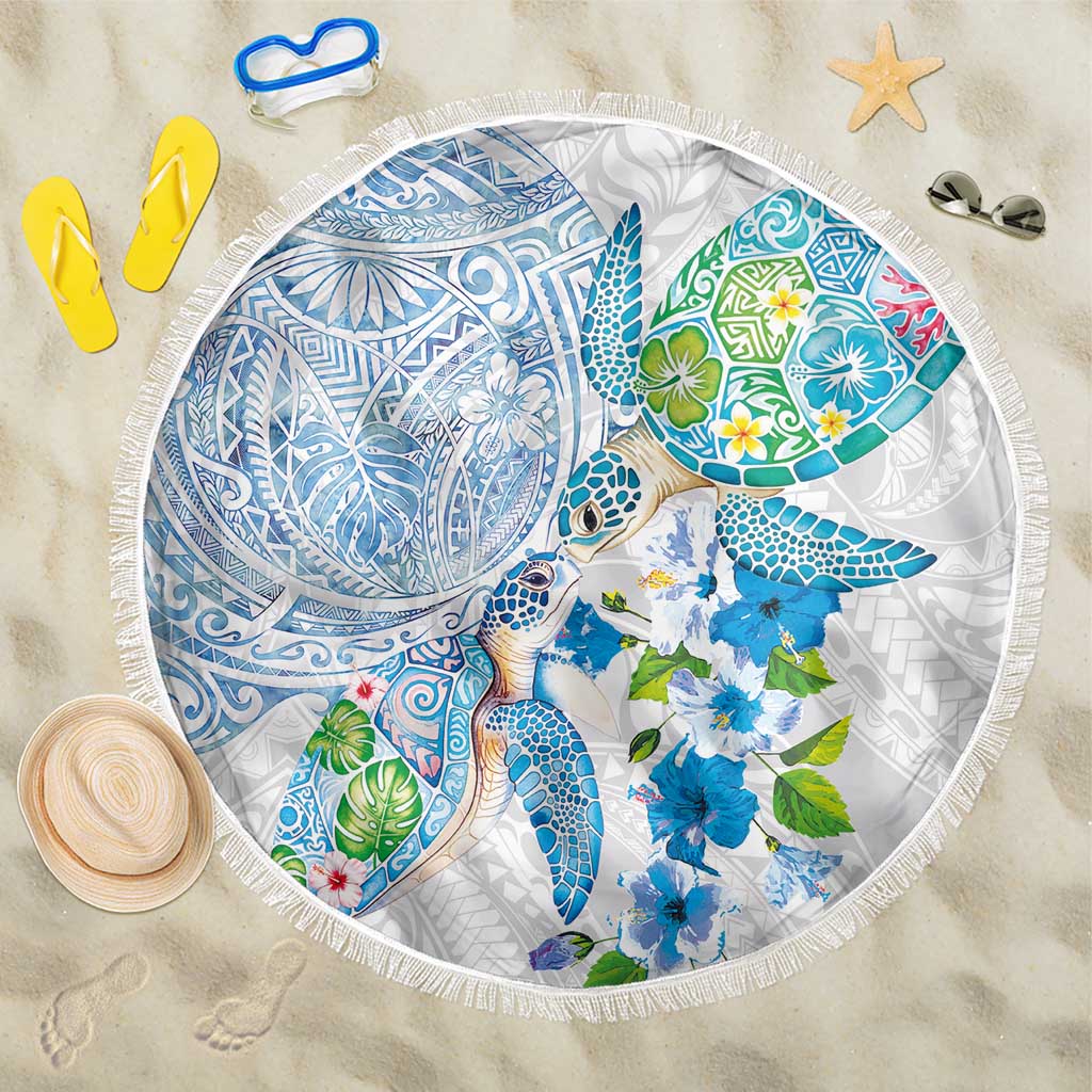 Hawaiian Couple Turtles Honi Beach Blanket Polynesian Art Motifs and Hibiscus White Blue Color - Polynesian Pride