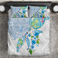 Hawaiian Couple Turtles Honi Bedding Set Polynesian Art Motifs and Hibiscus White Blue Color - Polynesian Pride