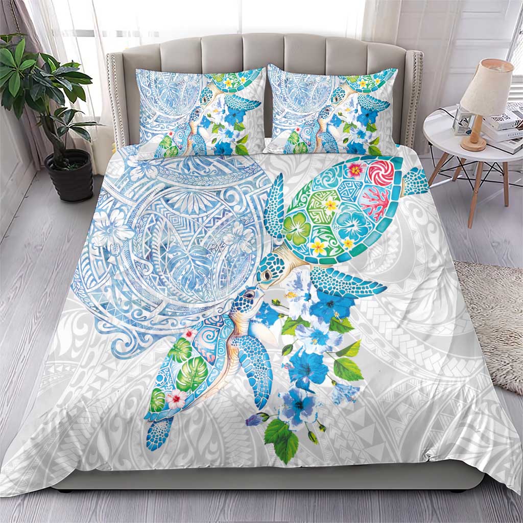 Hawaiian Couple Turtles Honi Bedding Set Polynesian Art Motifs and Hibiscus White Blue Color - Polynesian Pride