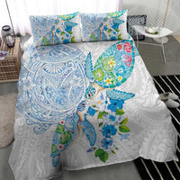 Hawaiian Couple Turtles Honi Bedding Set Polynesian Art Motifs and Hibiscus White Blue Color - Polynesian Pride