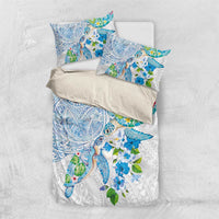 Hawaiian Couple Turtles Honi Bedding Set Polynesian Art Motifs and Hibiscus White Blue Color - Polynesian Pride