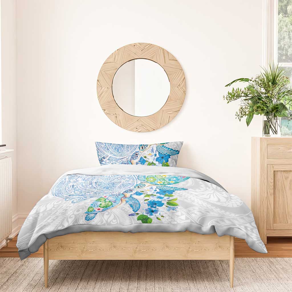 Hawaiian Couple Turtles Honi Bedding Set Polynesian Art Motifs and Hibiscus White Blue Color - Polynesian Pride