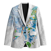Hawaiian Couple Turtles Honi Blazer Polynesian Art Motifs and Hibiscus White Blue Color - Polynesian Pride