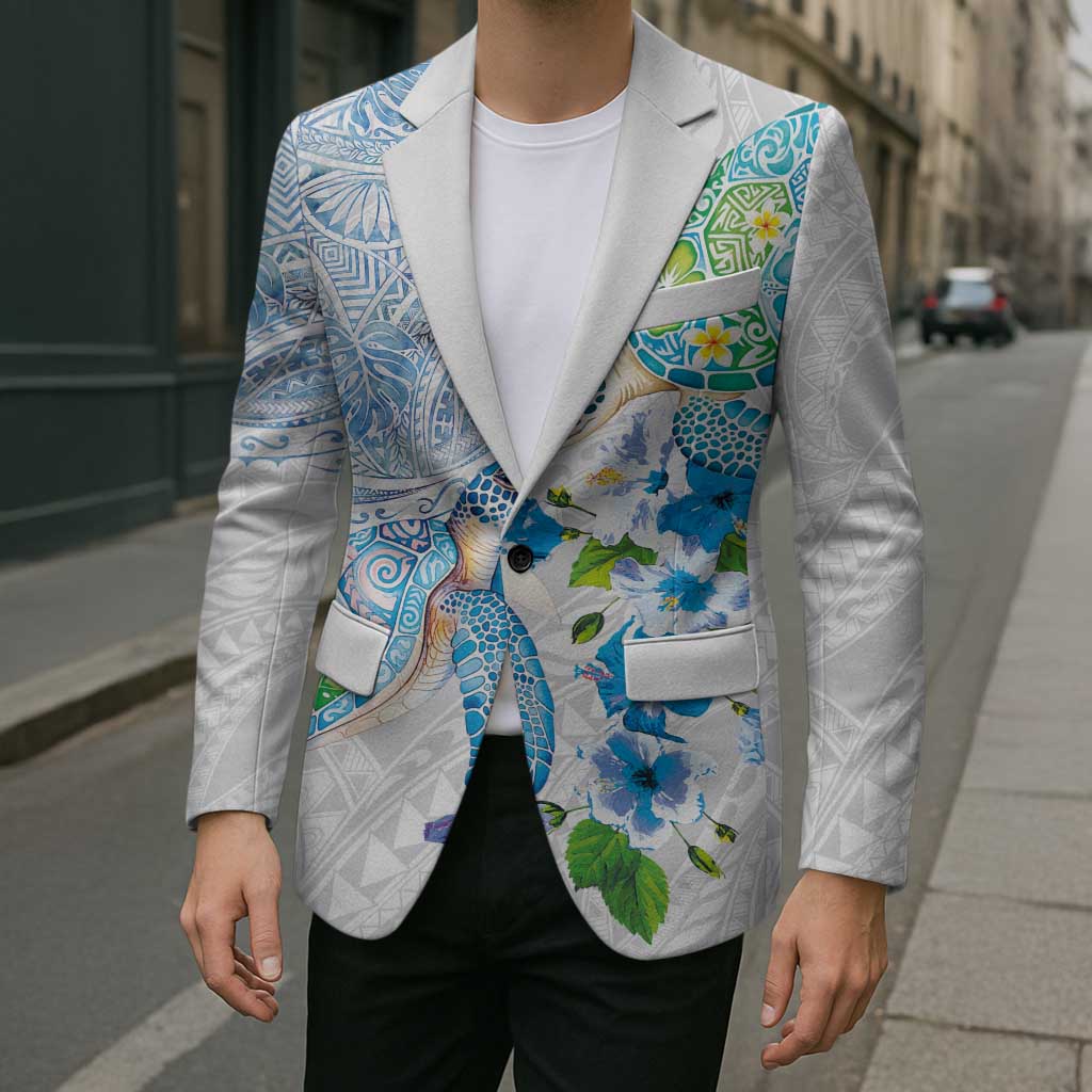 Hawaiian Couple Turtles Honi Blazer Polynesian Art Motifs and Hibiscus White Blue Color - Polynesian Pride