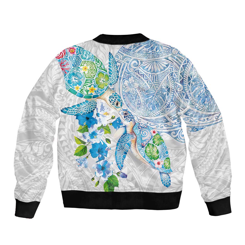 Hawaiian Couple Turtles Honi Bomber Jacket Polynesian Art Motifs and Hibiscus White Blue Color - Polynesian Pride