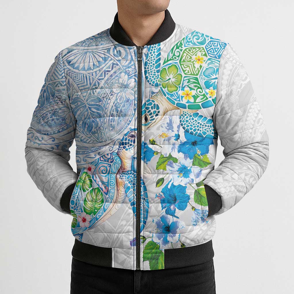 Hawaiian Couple Turtles Honi Bomber Puffer Jacket Polynesian Art Motifs and Hibiscus White Blue Color - Polynesian Pride