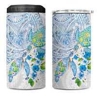 Hawaiian Couple Turtles Honi 4 in 1 Can Cooler Tumbler Polynesian Art Motifs and Hibiscus White Blue Color - Polynesian Pride