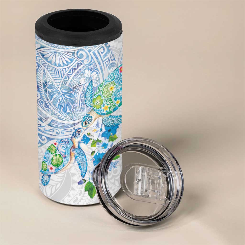 Hawaiian Couple Turtles Honi 4 in 1 Can Cooler Tumbler Polynesian Art Motifs and Hibiscus White Blue Color - Polynesian Pride