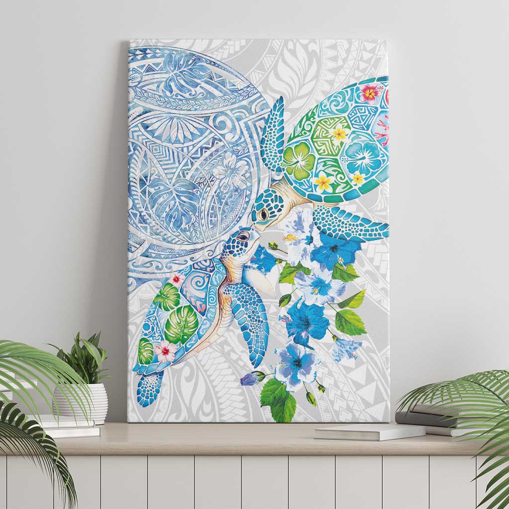 Hawaiian Couple Turtles Honi Canvas Wall Art Polynesian Art Motifs and Hibiscus White Blue Color - Polynesian Pride