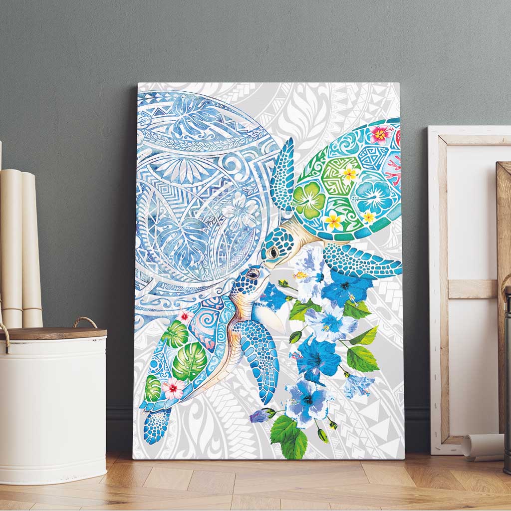 Hawaiian Couple Turtles Honi Canvas Wall Art Polynesian Art Motifs and Hibiscus White Blue Color - Polynesian Pride