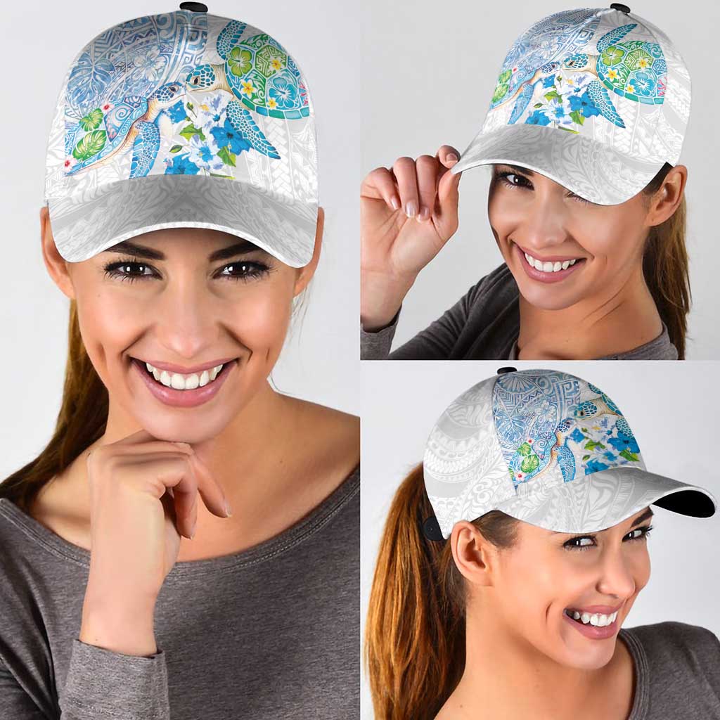 Hawaiian Couple Turtles Honi Classic Cap Polynesian Art Motifs and Hibiscus White Blue Color - Polynesian Pride