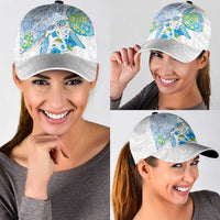 Hawaiian Couple Turtles Honi Classic Cap Polynesian Art Motifs and Hibiscus White Blue Color - Polynesian Pride