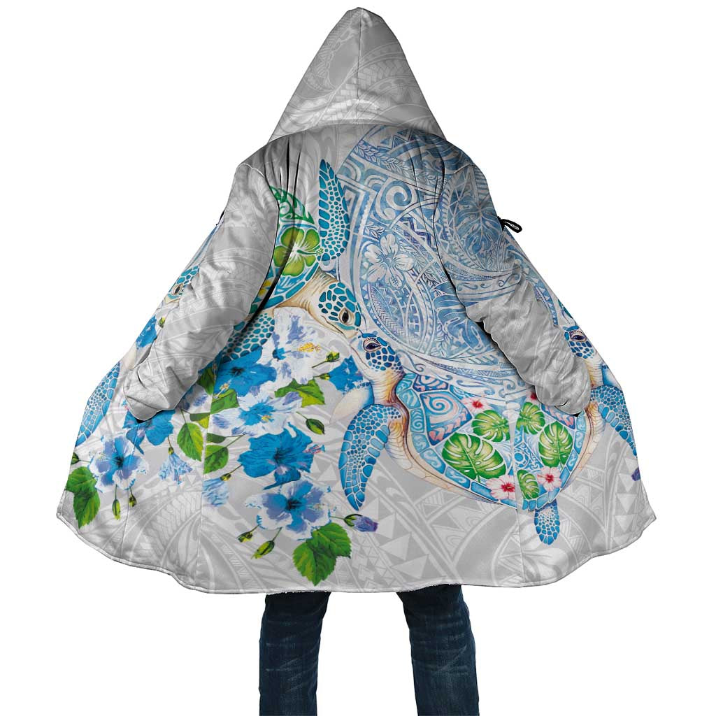 Hawaiian Couple Turtles Honi Cloak Polynesian Art Motifs and Hibiscus White Blue Color - Polynesian Pride