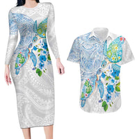 Hawaiian Couple Turtles Honi Couples Matching Long Sleeve Bodycon Dress and Hawaiian Shirt Polynesian Art Motifs and Hibiscus White Blue Color - Polynesian Pride