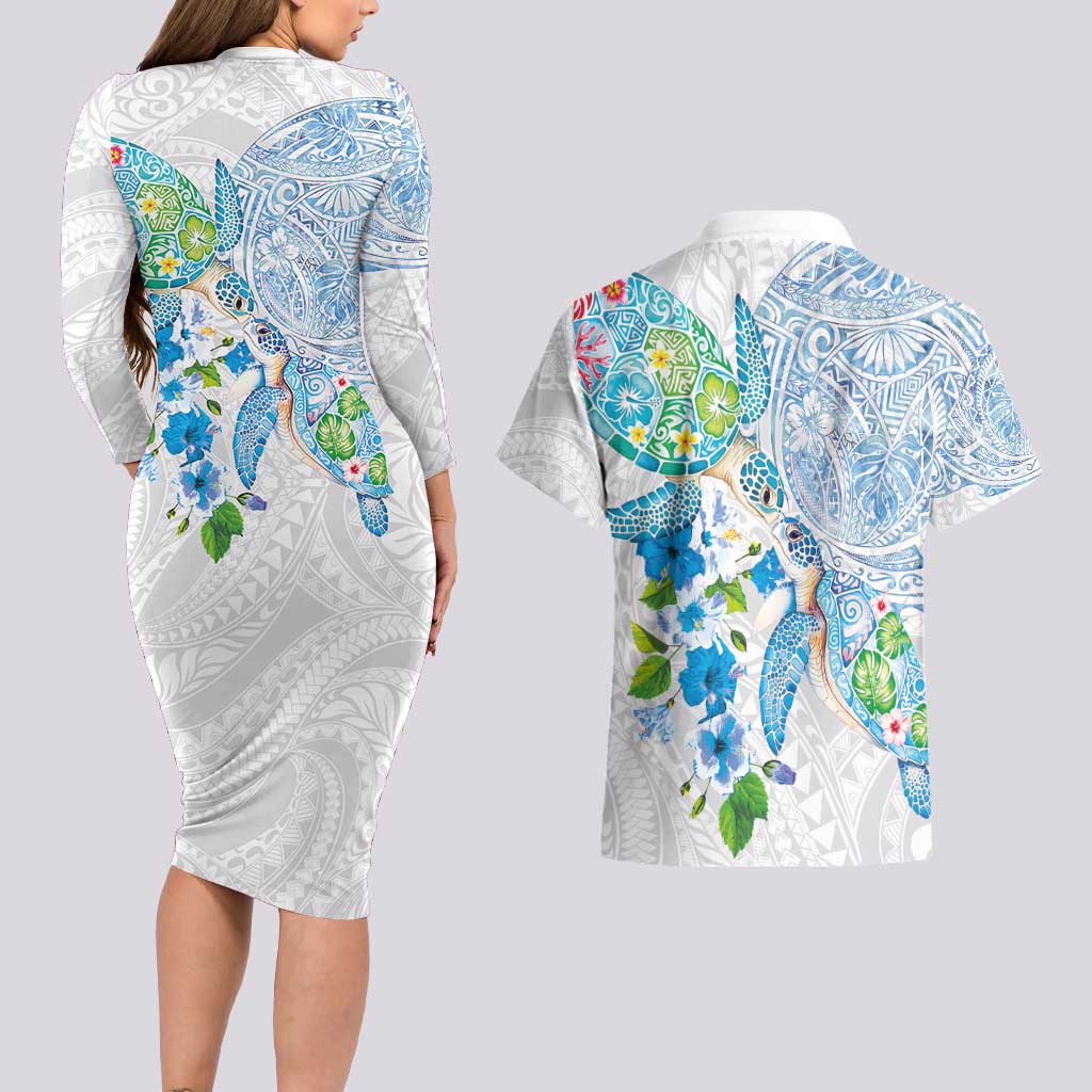 Hawaiian Couple Turtles Honi Couples Matching Long Sleeve Bodycon Dress and Hawaiian Shirt Polynesian Art Motifs and Hibiscus White Blue Color - Polynesian Pride