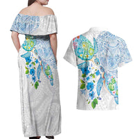 Hawaiian Couple Turtles Honi Couples Matching Off Shoulder Maxi Dress and Hawaiian Shirt Polynesian Art Motifs and Hibiscus White Blue Color - Polynesian Pride