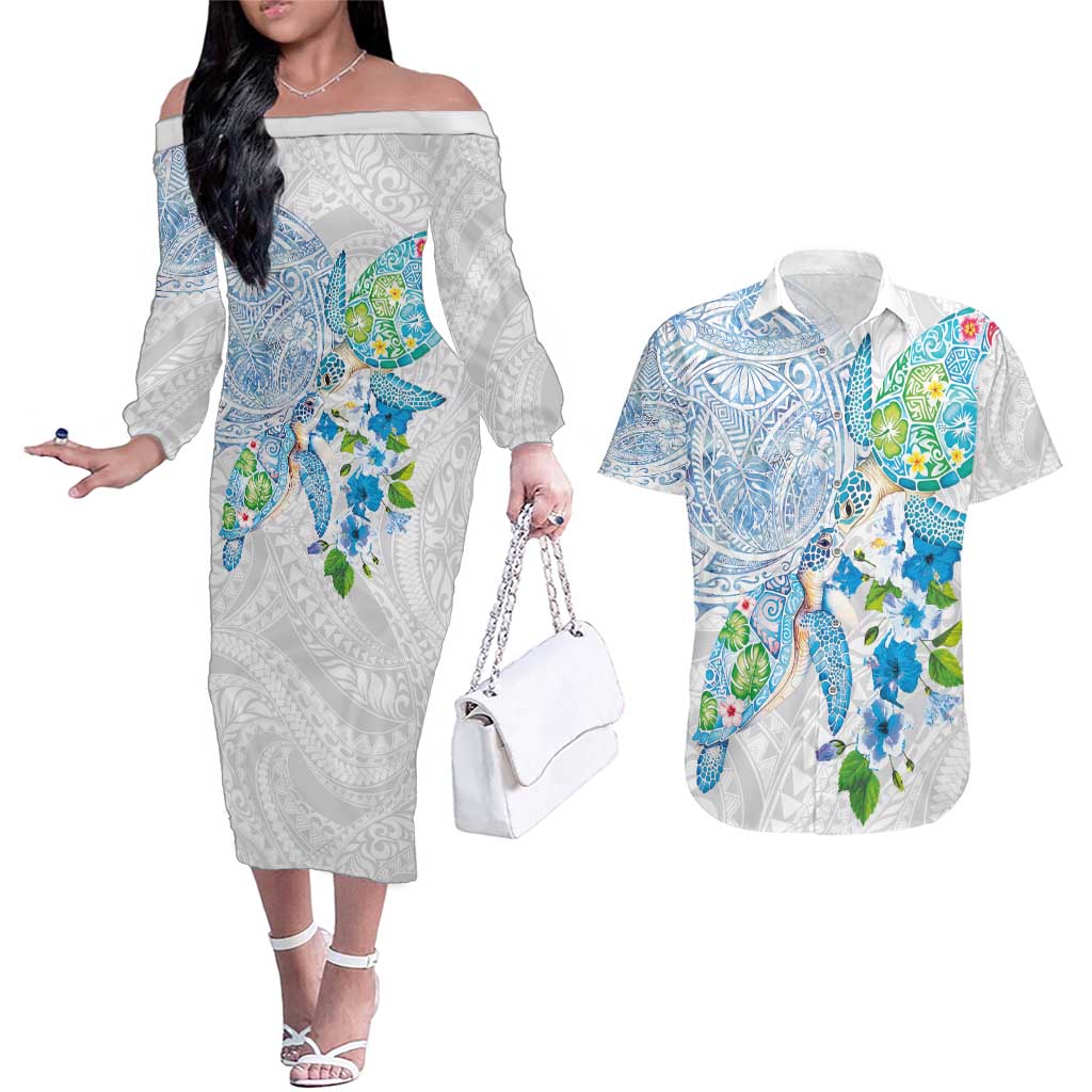 Hawaiian Couple Turtles Honi Couples Matching Off The Shoulder Long Sleeve Dress and Hawaiian Shirt Polynesian Art Motifs and Hibiscus White Blue Color - Polynesian Pride