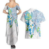 Hawaiian Couple Turtles Honi Couples Matching Summer Maxi Dress and Hawaiian Shirt Polynesian Art Motifs and Hibiscus White Blue Color - Polynesian Pride