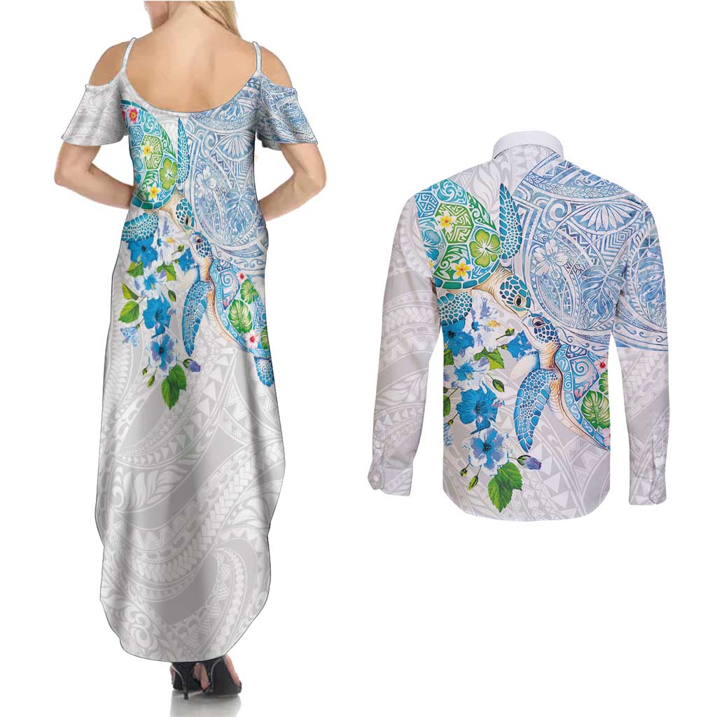 Hawaiian Couple Turtles Honi Couples Matching Summer Maxi Dress and Long Sleeve Button Shirt Polynesian Art Motifs and Hibiscus White Blue Color - Polynesian Pride