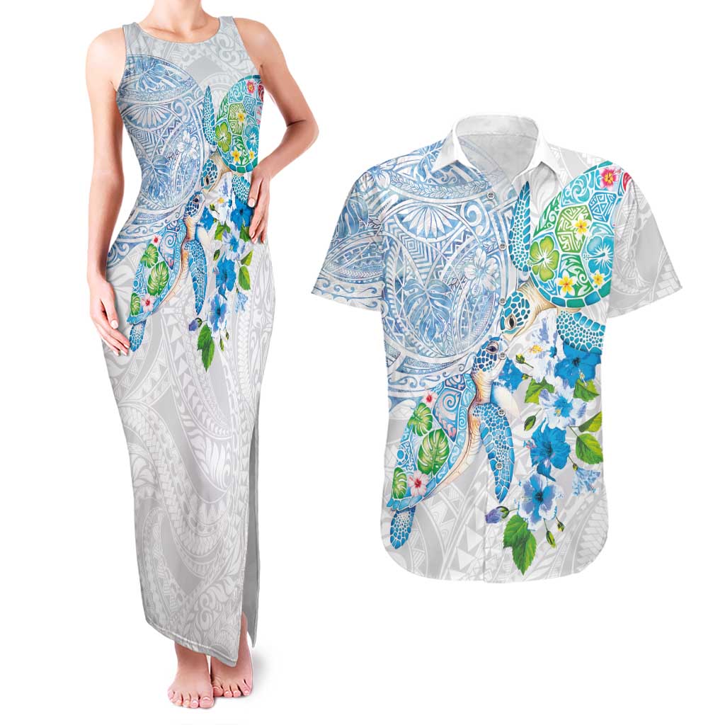 Hawaiian Couple Turtles Honi Couples Matching Tank Maxi Dress and Hawaiian Shirt Polynesian Art Motifs and Hibiscus White Blue Color LT03 White - Polynesian Pride