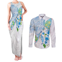 Hawaiian Couple Turtles Honi Couples Matching Tank Maxi Dress and Long Sleeve Button Shirt Polynesian Art Motifs and Hibiscus White Blue Color - Polynesian Pride