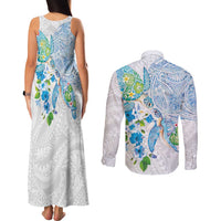 Hawaiian Couple Turtles Honi Couples Matching Tank Maxi Dress and Long Sleeve Button Shirt Polynesian Art Motifs and Hibiscus White Blue Color - Polynesian Pride
