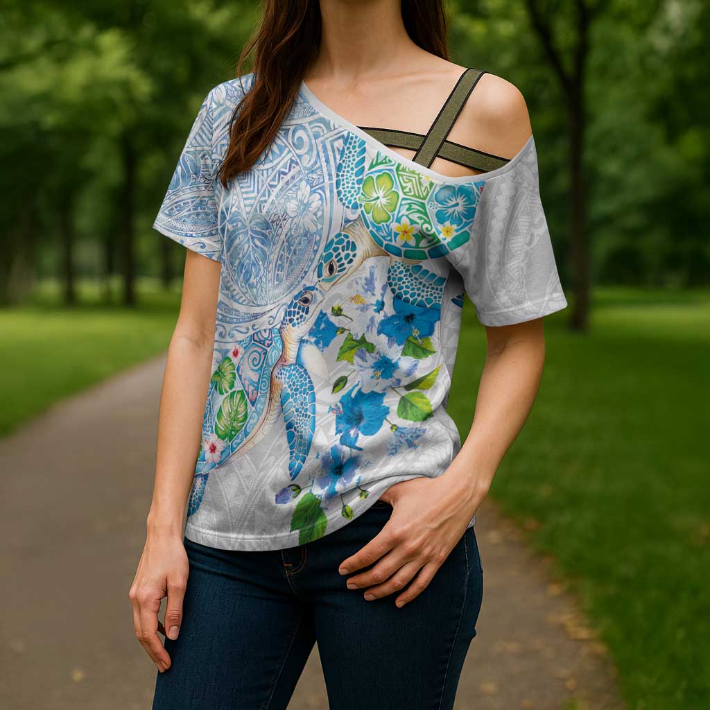 Hawaiian Couple Turtles Honi Cross Shoulder Shirt Polynesian Art Motifs and Hibiscus White Blue Color - Polynesian Pride