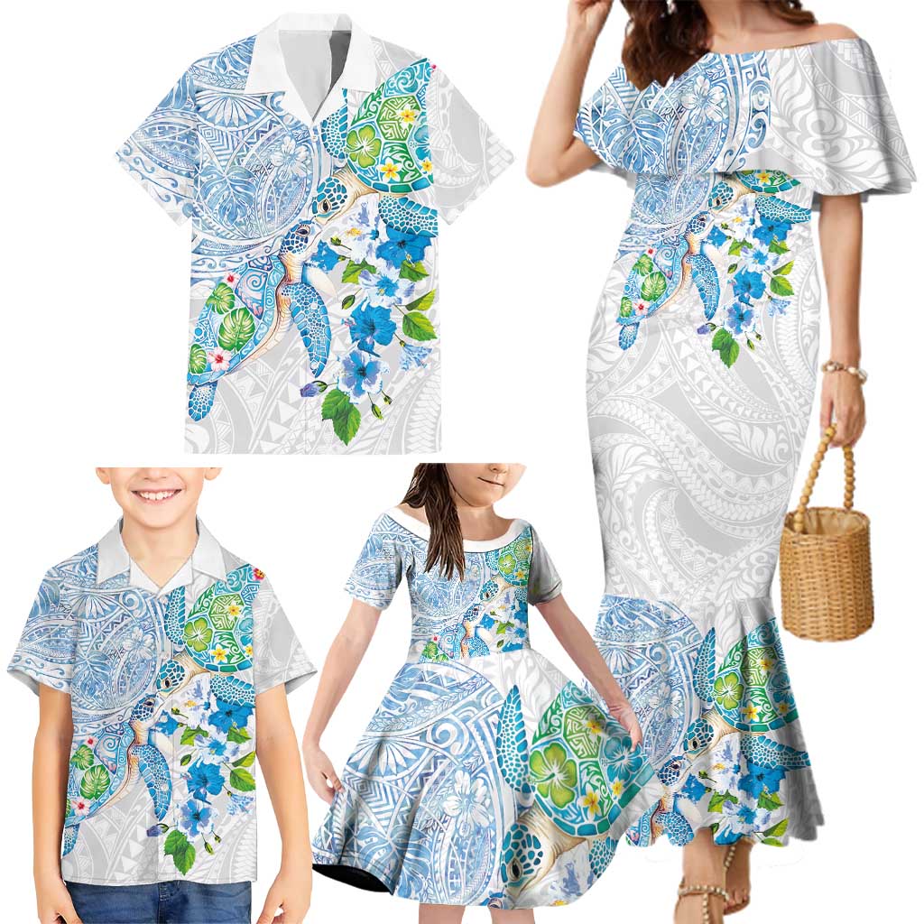 Hawaiian Couple Turtles Honi Family Matching Mermaid Dress and Hawaiian Shirt Polynesian Art Motifs and Hibiscus White Blue Color LT03 - Polynesian Pride