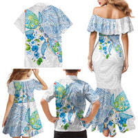 Hawaiian Couple Turtles Honi Family Matching Mermaid Dress and Hawaiian Shirt Polynesian Art Motifs and Hibiscus White Blue Color - Polynesian Pride