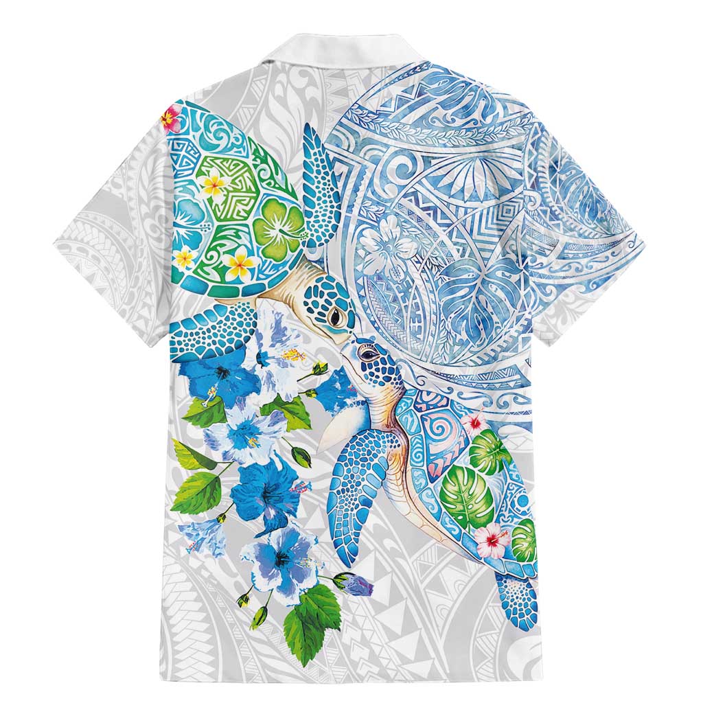 Hawaiian Couple Turtles Honi Family Matching Mermaid Dress and Hawaiian Shirt Polynesian Art Motifs and Hibiscus White Blue Color - Polynesian Pride