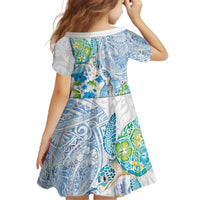 Hawaiian Couple Turtles Honi Family Matching Off The Shoulder Long Sleeve Dress and Hawaiian Shirt Polynesian Art Motifs and Hibiscus White Blue Color - Polynesian Pride