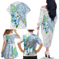 Hawaiian Couple Turtles Honi Family Matching Off The Shoulder Long Sleeve Dress and Hawaiian Shirt Polynesian Art Motifs and Hibiscus White Blue Color - Polynesian Pride