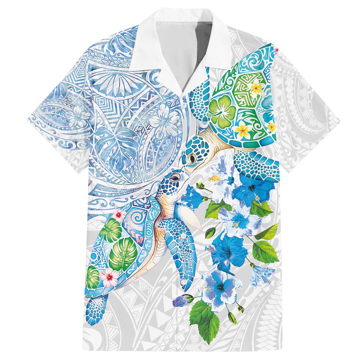 Hawaiian Couple Turtles Honi Family Matching Off The Shoulder Long Sleeve Dress and Hawaiian Shirt Polynesian Art Motifs and Hibiscus White Blue Color - Polynesian Pride