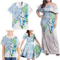 Hawaiian Couple Turtles Honi Family Matching Off Shoulder Maxi Dress and Hawaiian Shirt Polynesian Art Motifs and Hibiscus White Blue Color - Polynesian Pride