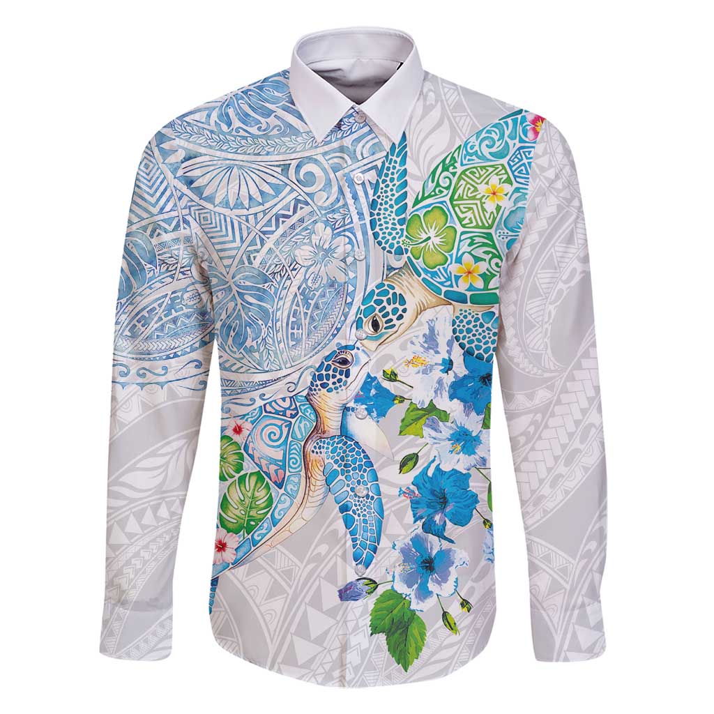 Hawaiian Couple Turtles Honi Family Matching Off Shoulder Maxi Dress and Hawaiian Shirt Polynesian Art Motifs and Hibiscus White Blue Color - Polynesian Pride