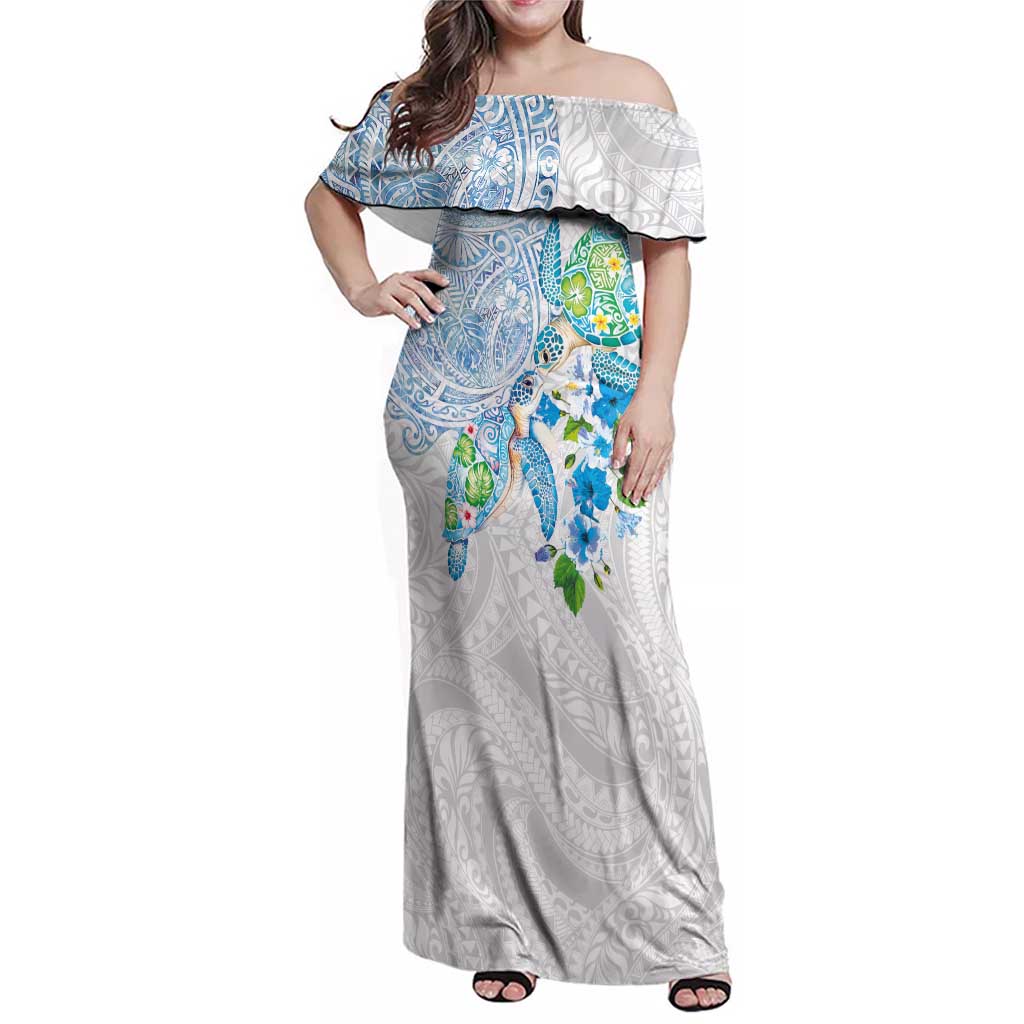Hawaiian Couple Turtles Honi Family Matching Off Shoulder Maxi Dress and Hawaiian Shirt Polynesian Art Motifs and Hibiscus White Blue Color - Polynesian Pride