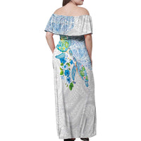 Hawaiian Couple Turtles Honi Family Matching Off Shoulder Maxi Dress and Hawaiian Shirt Polynesian Art Motifs and Hibiscus White Blue Color - Polynesian Pride