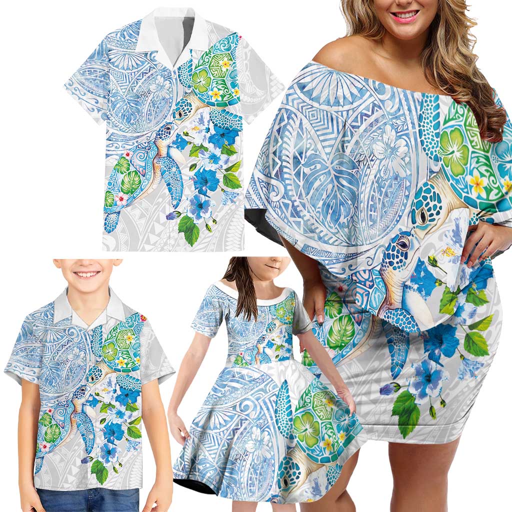 Hawaiian Couple Turtles Honi Family Matching Off Shoulder Short Dress and Hawaiian Shirt Polynesian Art Motifs and Hibiscus White Blue Color LT03 - Polynesian Pride