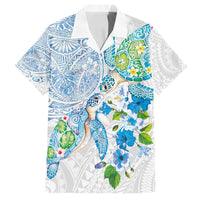Hawaiian Couple Turtles Honi Family Matching Off Shoulder Short Dress and Hawaiian Shirt Polynesian Art Motifs and Hibiscus White Blue Color - Polynesian Pride