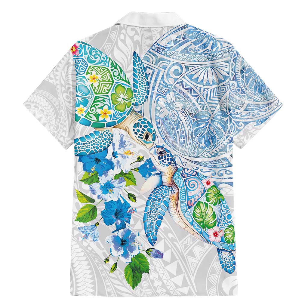 Hawaiian Couple Turtles Honi Family Matching Puletasi and Hawaiian Shirt Polynesian Art Motifs and Hibiscus White Blue Color - Polynesian Pride