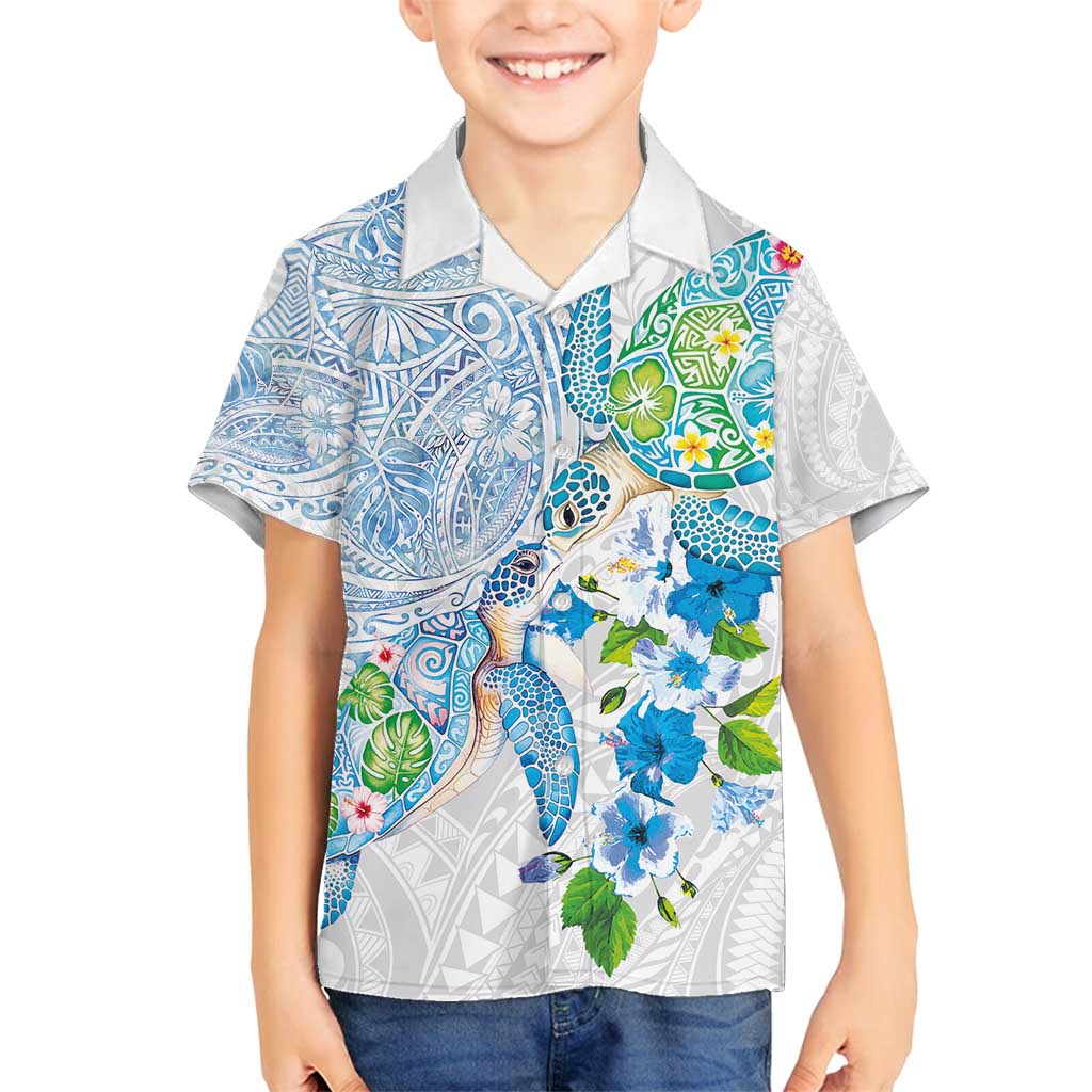 Hawaiian Couple Turtles Honi Family Matching Puletasi and Hawaiian Shirt Polynesian Art Motifs and Hibiscus White Blue Color - Polynesian Pride