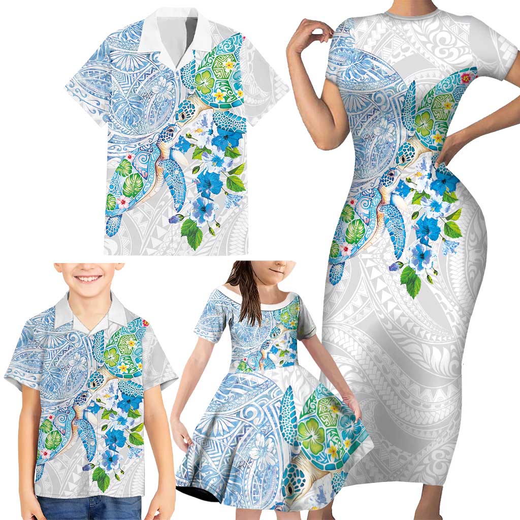 Hawaiian Couple Turtles Honi Family Matching Short Sleeve Bodycon Dress and Hawaiian Shirt Polynesian Art Motifs and Hibiscus White Blue Color LT03 - Polynesian Pride