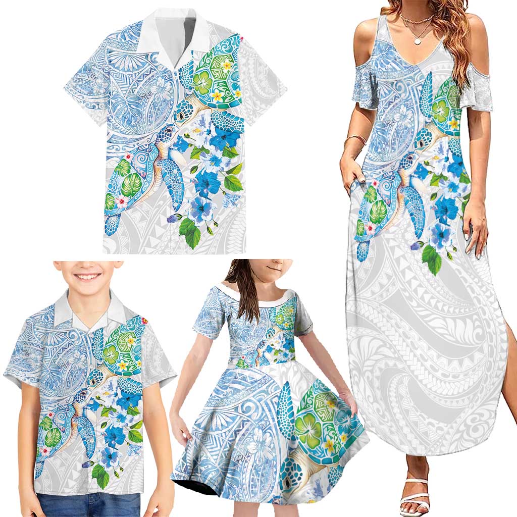 Hawaiian Couple Turtles Honi Family Matching Summer Maxi Dress and Hawaiian Shirt Polynesian Art Motifs and Hibiscus White Blue Color - Polynesian Pride