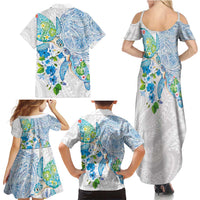 Hawaiian Couple Turtles Honi Family Matching Summer Maxi Dress and Hawaiian Shirt Polynesian Art Motifs and Hibiscus White Blue Color - Polynesian Pride