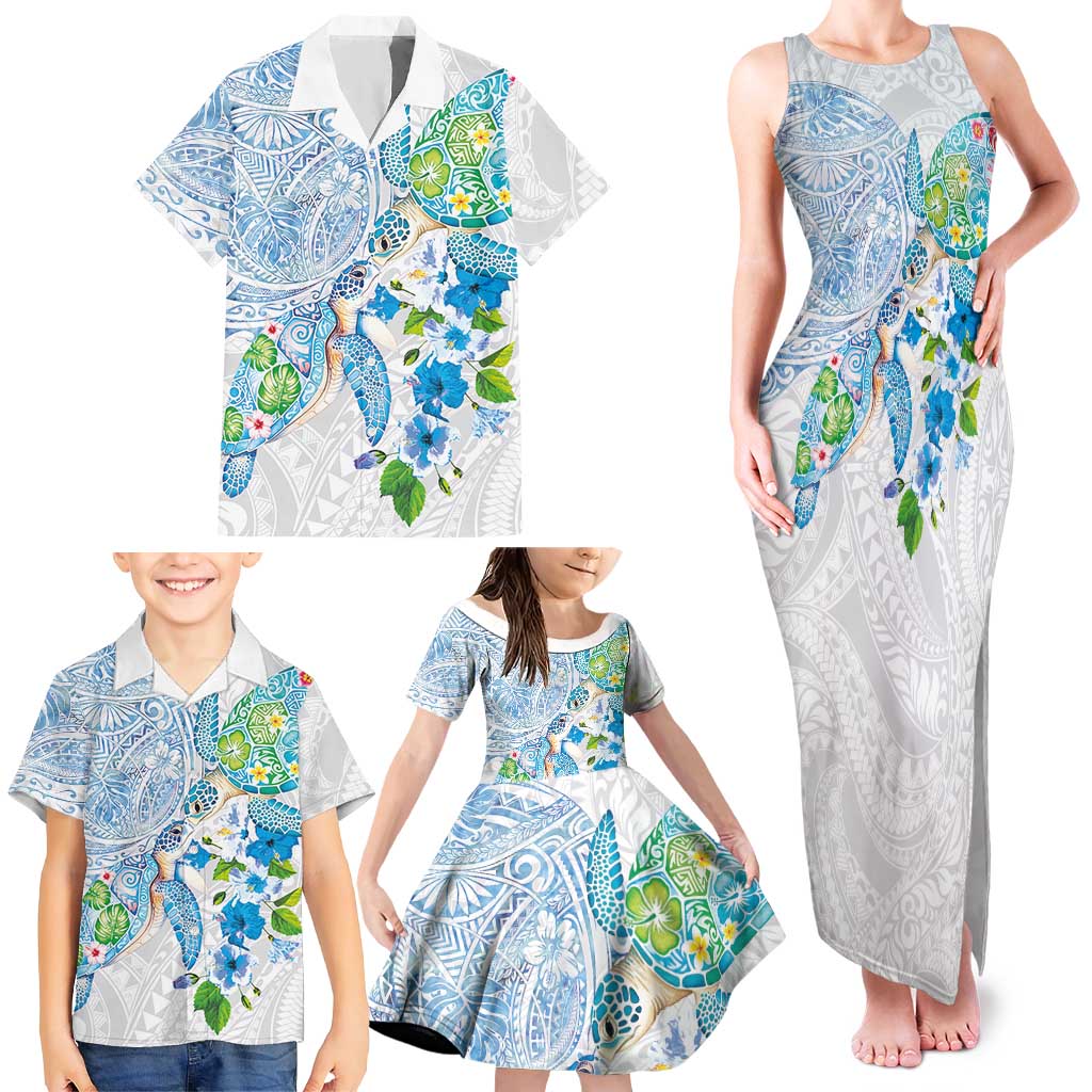 Hawaiian Couple Turtles Honi Family Matching Tank Maxi Dress and Hawaiian Shirt Polynesian Art Motifs and Hibiscus White Blue Color LT03 - Polynesian Pride