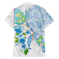Hawaiian Couple Turtles Honi Hawaiian Shirt Polynesian Art Motifs and Hibiscus White Blue Color - Polynesian Pride